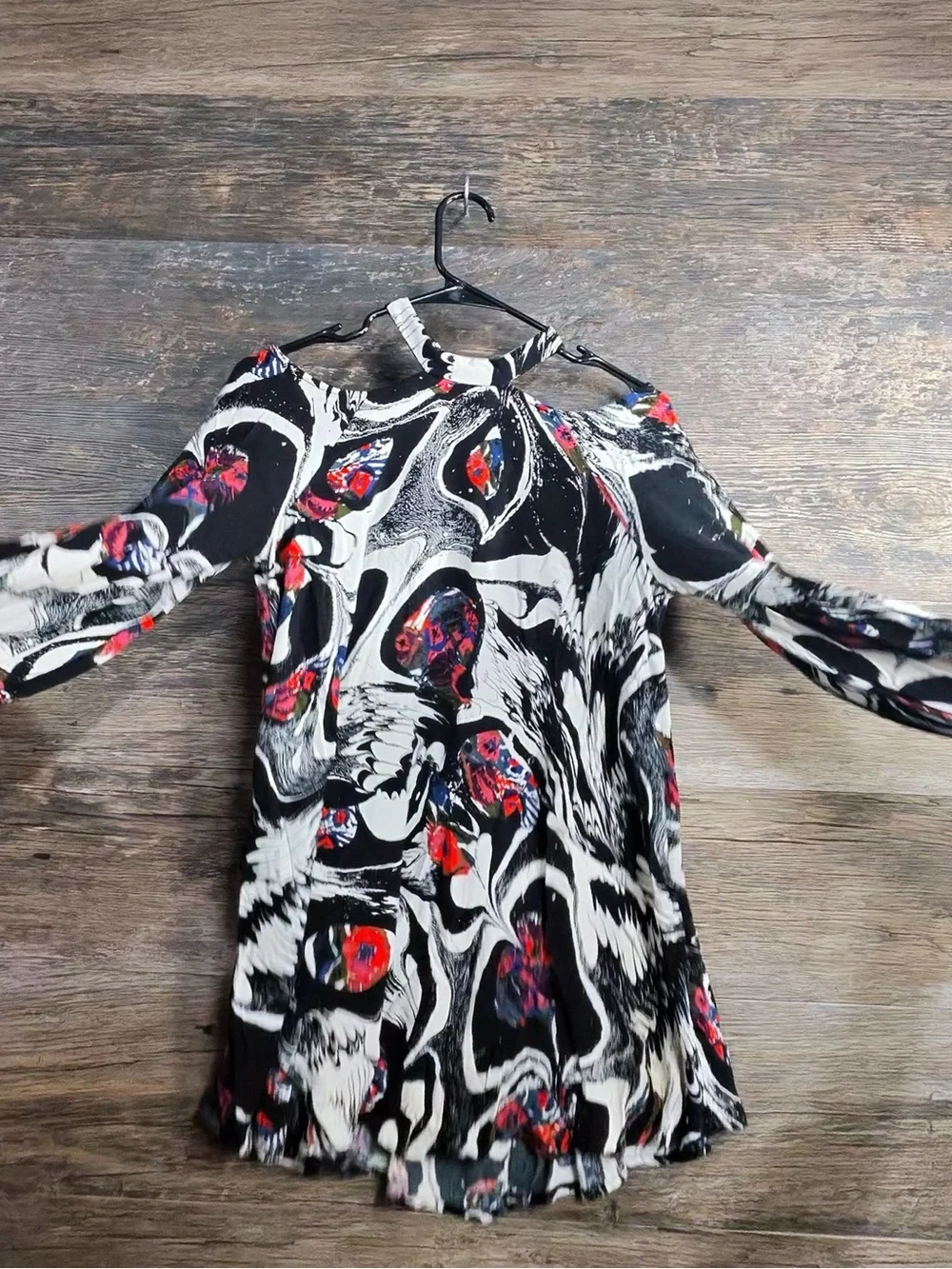 Free People Black & White Swirl Floral Cold-Shoulder Blouse
